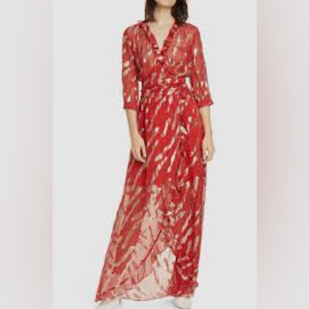 ba&sh Red V-Neck Hali Metallic Chiffon Print Silk Wrap Dress